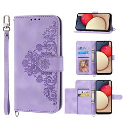 Skin Feel Embossed Lace Flower Multiple Card Slots Leather Wallet Phone Case for Samsung Galaxy A14 5G - Purple