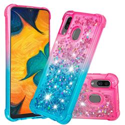 Rainbow Gradient Liquid Glitter Quicksand Sequins Phone Case for Samsung Galaxy A20 - Pink Blue
