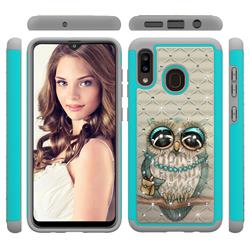 Sweet Gray Owl Studded Rhinestone Bling Diamond Shock Absorbing Hybrid Defender Rugged Phone Case Cover for Samsung Galaxy A20