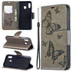 Embossing Double Butterfly Leather Wallet Case for Samsung Galaxy A20 - Gray