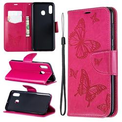 Embossing Double Butterfly Leather Wallet Case for Samsung Galaxy A20 - Red