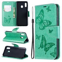 Embossing Double Butterfly Leather Wallet Case for Samsung Galaxy A20 - Green