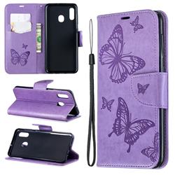 Embossing Double Butterfly Leather Wallet Case for Samsung Galaxy A20 - Purple