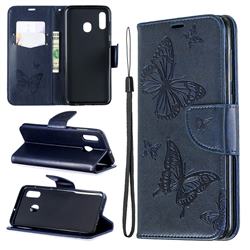 Embossing Double Butterfly Leather Wallet Case for Samsung Galaxy A20 - Dark Blue