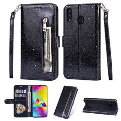 Glitter Shine Leather Zipper Wallet Phone Case for Samsung Galaxy A20 - Black