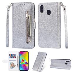 Glitter Shine Leather Zipper Wallet Phone Case for Samsung Galaxy A20 - Silver