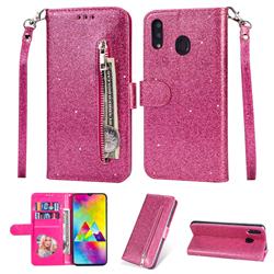 Glitter Shine Leather Zipper Wallet Phone Case for Samsung Galaxy A20 - Rose