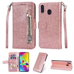 Glitter Shine Leather Zipper Wallet Phone Case for Samsung Galaxy A20 - Pink