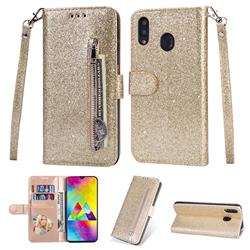 Glitter Shine Leather Zipper Wallet Phone Case for Samsung Galaxy A20 - Gold