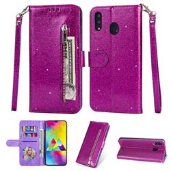 Glitter Shine Leather Zipper Wallet Phone Case for Samsung Galaxy A20 - Purple