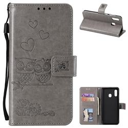Embossing Owl Couple Flower Leather Wallet Case for Samsung Galaxy A20 - Gray