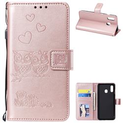 Embossing Owl Couple Flower Leather Wallet Case for Samsung Galaxy A20 - Rose Gold