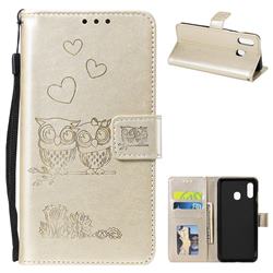 Embossing Owl Couple Flower Leather Wallet Case for Samsung Galaxy A20 - Golden