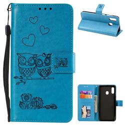 Embossing Owl Couple Flower Leather Wallet Case for Samsung Galaxy A20 - Blue