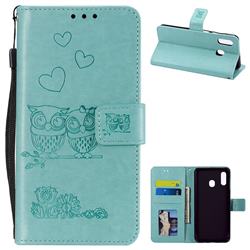 Embossing Owl Couple Flower Leather Wallet Case for Samsung Galaxy A20 - Green