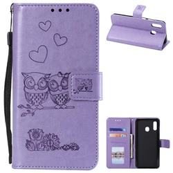 Embossing Owl Couple Flower Leather Wallet Case for Samsung Galaxy A20 - Purple