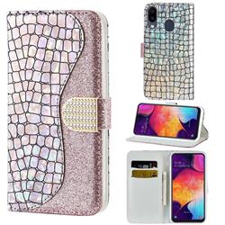 Glitter Diamond Buckle Laser Stitching Leather Wallet Phone Case for Samsung Galaxy A20 - Pink