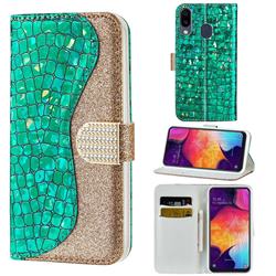 Glitter Diamond Buckle Laser Stitching Leather Wallet Phone Case for Samsung Galaxy A20 - Green