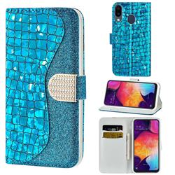 Glitter Diamond Buckle Laser Stitching Leather Wallet Phone Case for Samsung Galaxy A20 - Blue