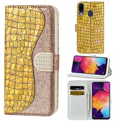 Glitter Diamond Buckle Laser Stitching Leather Wallet Phone Case for Samsung Galaxy A20 - Gold
