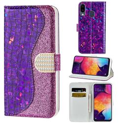 Glitter Diamond Buckle Laser Stitching Leather Wallet Phone Case for Samsung Galaxy A20 - Purple