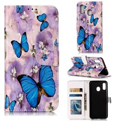 Purple Flowers Butterfly 3D Relief Oil PU Leather Wallet Case for Samsung Galaxy A20