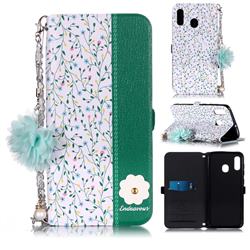 Magnolia Endeavour Florid Pearl Flower Pendant Metal Strap PU Leather Wallet Case for Samsung Galaxy A20