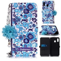 Blue-and-White Endeavour Florid Pearl Flower Pendant Metal Strap PU Leather Wallet Case for Samsung Galaxy A20