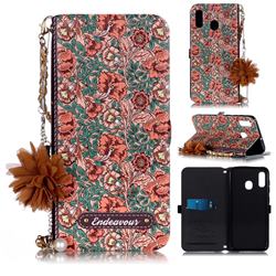 Impatiens Endeavour Florid Pearl Flower Pendant Metal Strap PU Leather Wallet Case for Samsung Galaxy A20