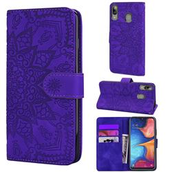 Retro Embossing Mandala Flower Leather Wallet Case for Samsung Galaxy A20 - Purple