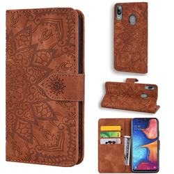 Retro Embossing Mandala Flower Leather Wallet Case for Samsung Galaxy A20 - Brown