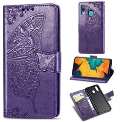 Embossing Mandala Flower Butterfly Leather Wallet Case for Samsung Galaxy A20 - Dark Purple