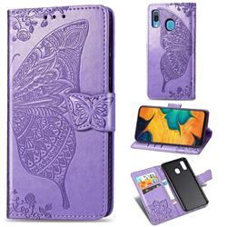 Embossing Mandala Flower Butterfly Leather Wallet Case for Samsung Galaxy A20 - Light Purple