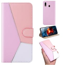 Tricolour Stitching Wallet Flip Cover for Samsung Galaxy A20 - Pink