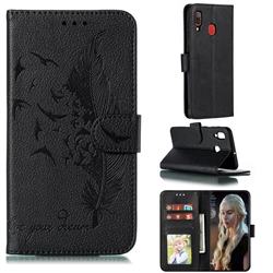 Intricate Embossing Lychee Feather Bird Leather Wallet Case for Samsung Galaxy A20 - Black