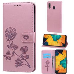 Embossing Rose Flower Leather Wallet Case for Samsung Galaxy A20 - Rose Gold