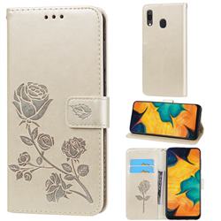 Embossing Rose Flower Leather Wallet Case for Samsung Galaxy A20 - Golden