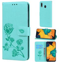 Embossing Rose Flower Leather Wallet Case for Samsung Galaxy A20 - Green