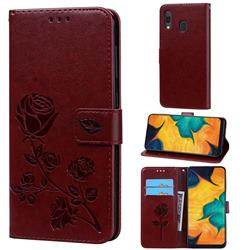 Embossing Rose Flower Leather Wallet Case for Samsung Galaxy A20 - Brown