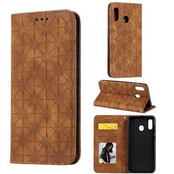 Intricate Embossing Four Leaf Clover Leather Wallet Case for Samsung Galaxy A20 - Yellowish Brown