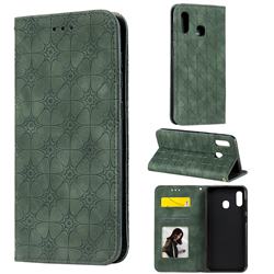 Intricate Embossing Four Leaf Clover Leather Wallet Case for Samsung Galaxy A20 - Blackish Green
