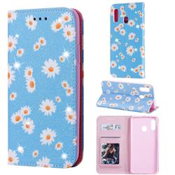 Ultra Slim Daisy Sparkle Glitter Powder Magnetic Leather Wallet Case for Samsung Galaxy A20 - Blue