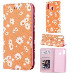 Ultra Slim Daisy Sparkle Glitter Powder Magnetic Leather Wallet Case for Samsung Galaxy A20 - Orange