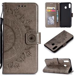 Intricate Embossing Datura Leather Wallet Case for Samsung Galaxy A20 - Gray