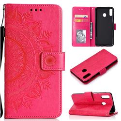 Intricate Embossing Datura Leather Wallet Case for Samsung Galaxy A20 - Rose Red