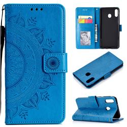 Intricate Embossing Datura Leather Wallet Case for Samsung Galaxy A20 - Blue