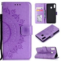 Intricate Embossing Datura Leather Wallet Case for Samsung Galaxy A20 - Purple