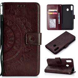 Intricate Embossing Datura Leather Wallet Case for Samsung Galaxy A20 - Brown