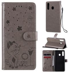 Embossing Bee and Cat Leather Wallet Case for Samsung Galaxy A20 - Gray