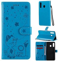 Embossing Bee and Cat Leather Wallet Case for Samsung Galaxy A20 - Blue